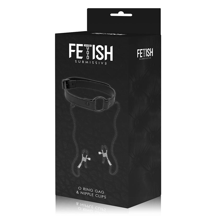 Anello gag fetish submissive con morsetti per capezzoli, prodotto bondage FETISH SUBMISSIVE in pelle nera.