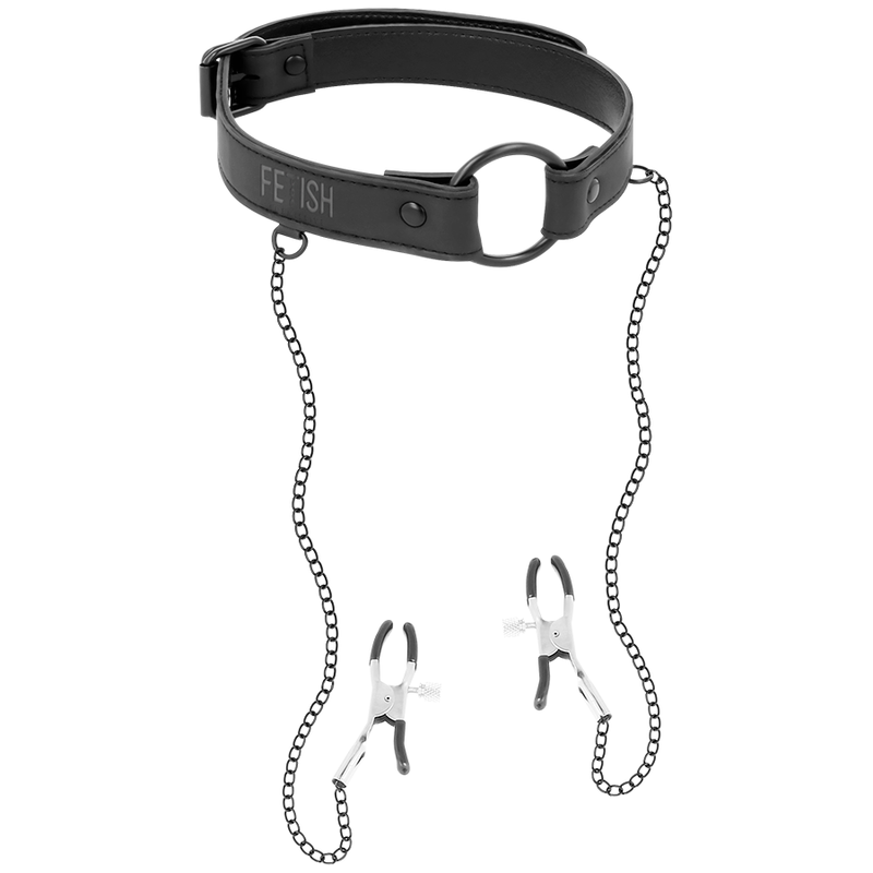 Anello gag con morsetti per capezzoli della linea Fetish Submissive Bondage, in metallo e pelle, per giochi di ruolo BDSM.