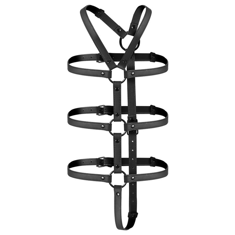 Imbracatura regolabile per torace e braccia del set Fetish Submissive Bondage, con cinturini in pelle nera e fibbie robuste.