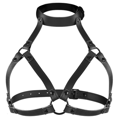 Imbracatura torace regolabile FETISH SUBMISSIVE BONDAGE in pelle nera, con cinghie e fibbie per bondage e ruolo sottomesso.
