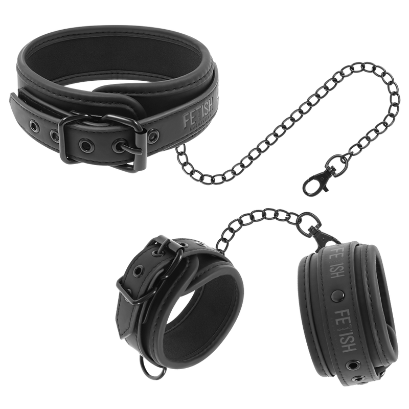 Collana e manette in pelle vegana con fodera in neoprene, accessori BDSM del marchio FETISH SUBMISSIVE BONDAGE.