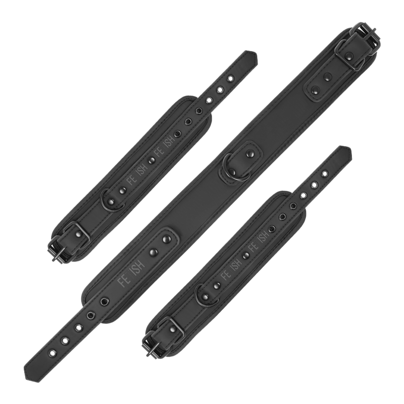 Collana e manette in pelle vegana con fodera in neoprene, prodotti FETISH SUBMISSIVE BONDAGE, accessori BDSM in dettaglio.