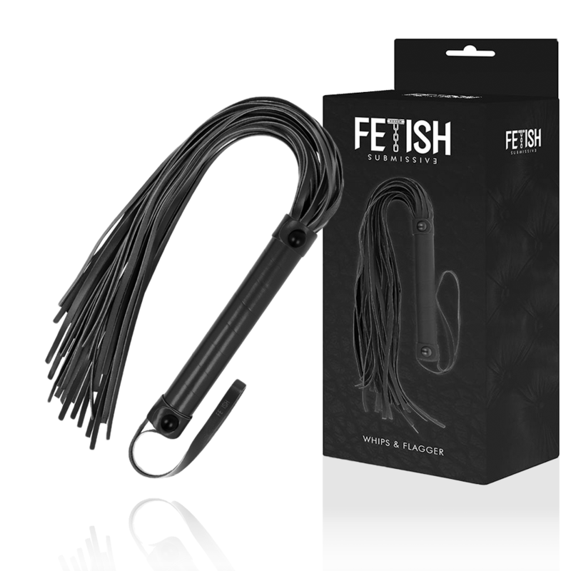 Frusta in pelle vegana FETISH SUBMISSIVE BONDAGE, strumenti per giochi BDSM, superficie nera e dettagli realistici