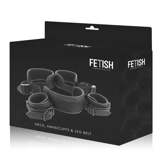 Posizione a gambe aperte con manette in neoprene, prodotto bondage FETISH SUBMISSIVE BONDAGE, completo di accessori di plastica robusta