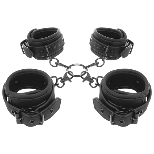 Set di manette e cavigliere FETISH SUBMISSIVE BONDAGE con fodera in neoprene, per giochi di sottomissione e bondage.