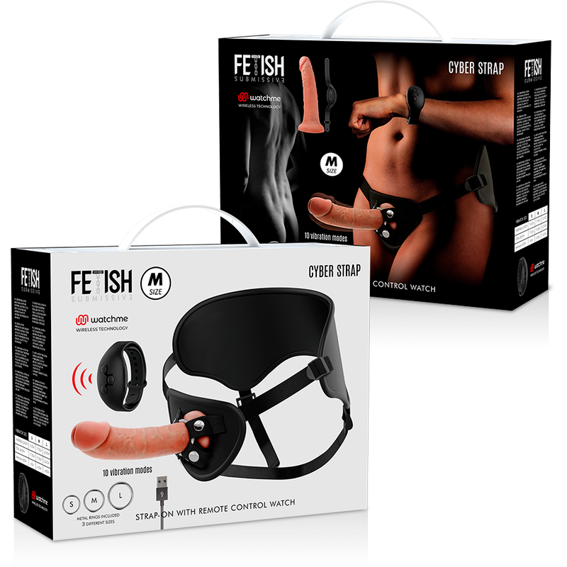 Imbragatura FETISH SUBMISSIVE CYBER STRAP con telecomando e tecnologia dildo WatchMe M, dettagli in primo piano.