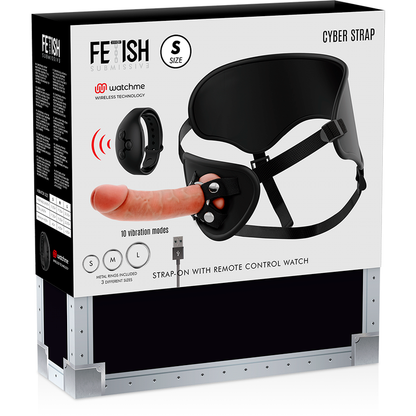 Imbragatura fetish submissive cyber strap con telecomando e tecnologia dildo WatchMe S, dettagli in morbido materiale nero.