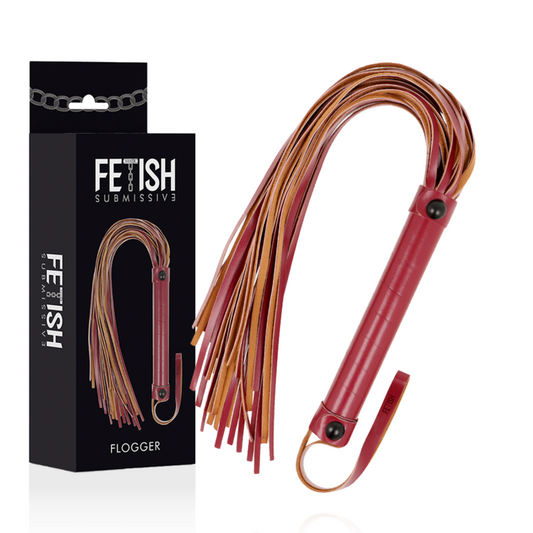 Frusta in pelle vegana FETISH SUBMISSIVE DARK ROOM, strumenti per giochi BDSM, superficie nera lucida e dettagli regolabili.