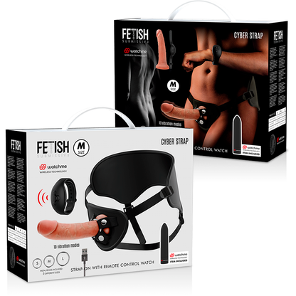 Imbragatura fetish submissive cyber strap con dildo e telecomando Bullet tecnologia WatchMe M, dettagli in pelle e metallo.