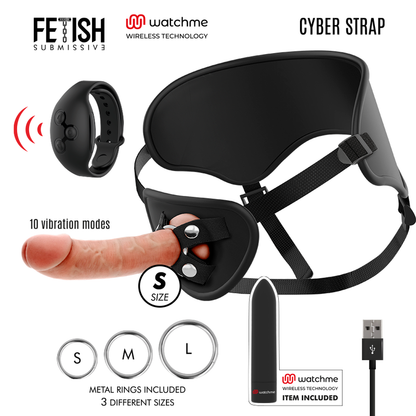 Imbragatura FETISH SUBMISSIVE CYBER STRAP con dildo, telecomando e tecnologia WatchMe S, in materiali neri e dettagli futuristici.