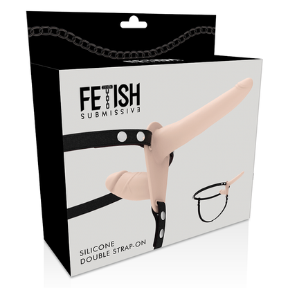 Imbracatura fetish submissive con doppia penetrazione in carne, mostrata in primo piano, per adulti e giochi di ruolo.