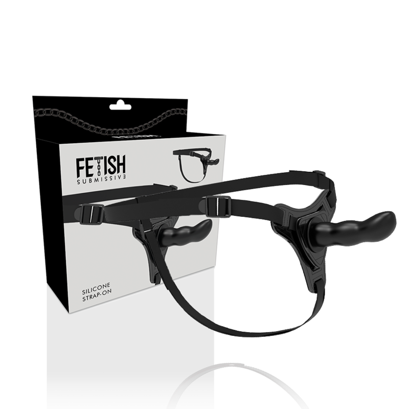 FETISH SUBMISSIVE HARNESS, silicone nero con punto G da 16 cm, accessorio fetish e submissive in immagini.