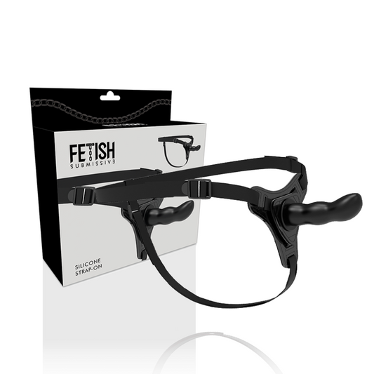 FETISH SUBMISSIVE HARNESS, silicone nero con punto G da 16 cm, accessorio fetish e submissive in immagini.