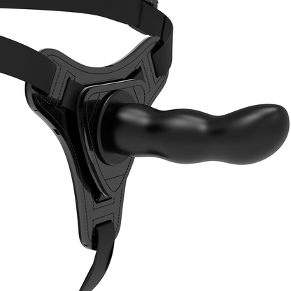 Imbracatura fetish submissive in silicone nero con punto G da 16 cm, dettagli e chiusure visibili.