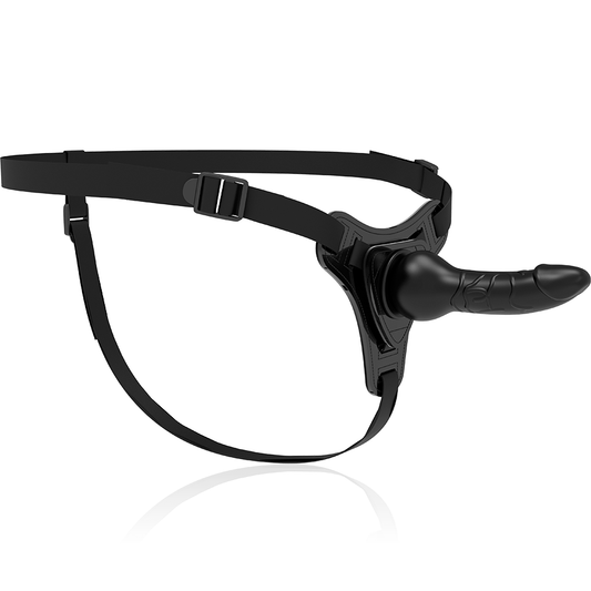 Imbragatura fetish submissive in silicone nero realistico da 16 cm, dettaglio visibile in primo piano.