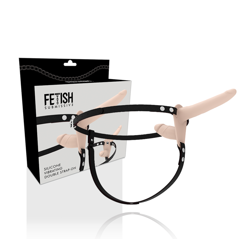 Immagine di un costume fetish submissive con vibratore Flesh Up a doppia penetrazione, brand Fetish Submissive Harness, in uso.