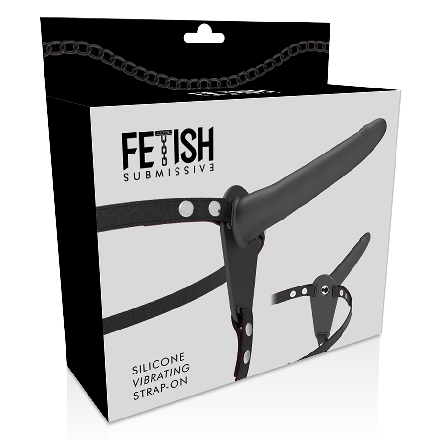 Vibratore in silicone nero da 15 cm con harness fetish submissive, visibile in primo piano con dettagli del prodotto.