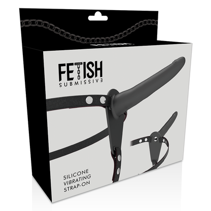 Vibratore in silicone nero da 15 cm con harness fetish submissive, visibile in primo piano con dettagli del prodotto.