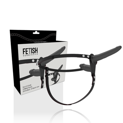 Immagine del vibratore nero a doppia penetrazione del FETISH SUBMISSIVE HARNESS, con design ergonomico e dettagli realistici.