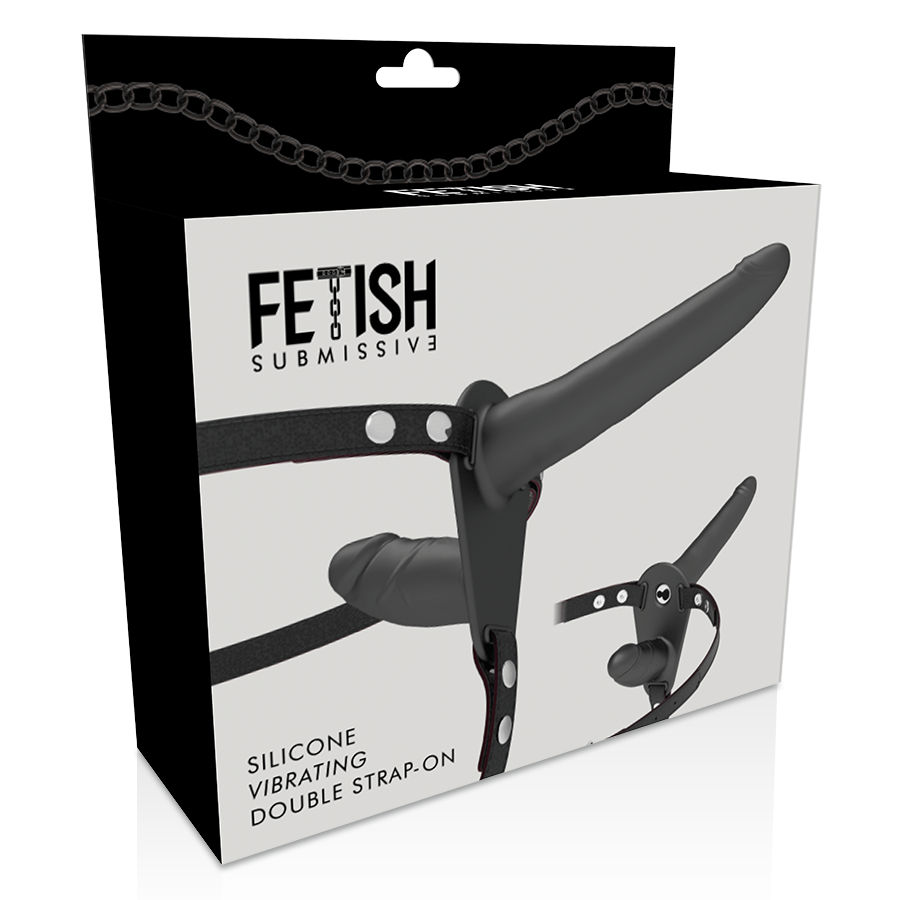 Immagine di un vibratore nero a doppia penetrazione della linea Fetish Submissive Harness, con design elegante e dettagli realistici.