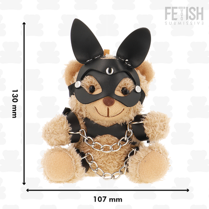 Teddy bear modello BDSM Mishka di FETISH SUBMISSIVE, con dettagli in lattice nero e accessori fetish, in pose seducenti.
