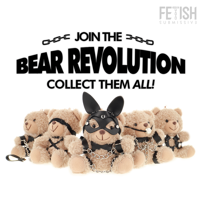 Teddy bear modello BDSM FETISH SUBMISSIVE di Rebel Toys, design fetish e submissive con dettagli in latex e pizzo nero.