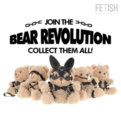 Teddy bear modello BDSM FETISH SUBMISSIVE di Rebel Toys, design fetish e submissive con dettagli in latex e pizzo nero.