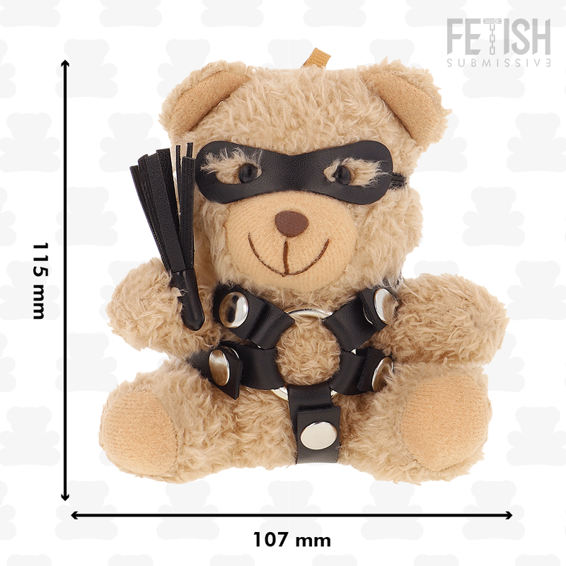Teddy bear modello BDSM Fetish Submissive Rebel Toys, dettaglio di un giocattolo erotico in peluche nero con finiture in latex