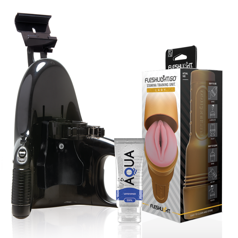 Fleshlight Stamina Go Training Unit Lady con lancio universale e lubrificante Aqua da 50 ml, prodotto per allenamento e uso intimo.