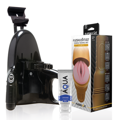 Fleshlight Stamina Go Training Unit Lady con lancio universale e lubrificante Aqua da 50 ml, prodotto per allenamento e uso intimo.