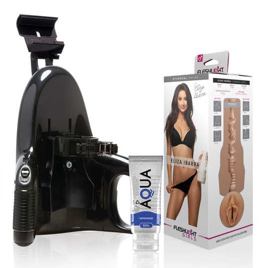 Fleshlight Eliza Ibarra con vagina, lancio universale e lubrificante Aqua 50 ml, prodotto Fleshlight Girls, dettagli visivi.
