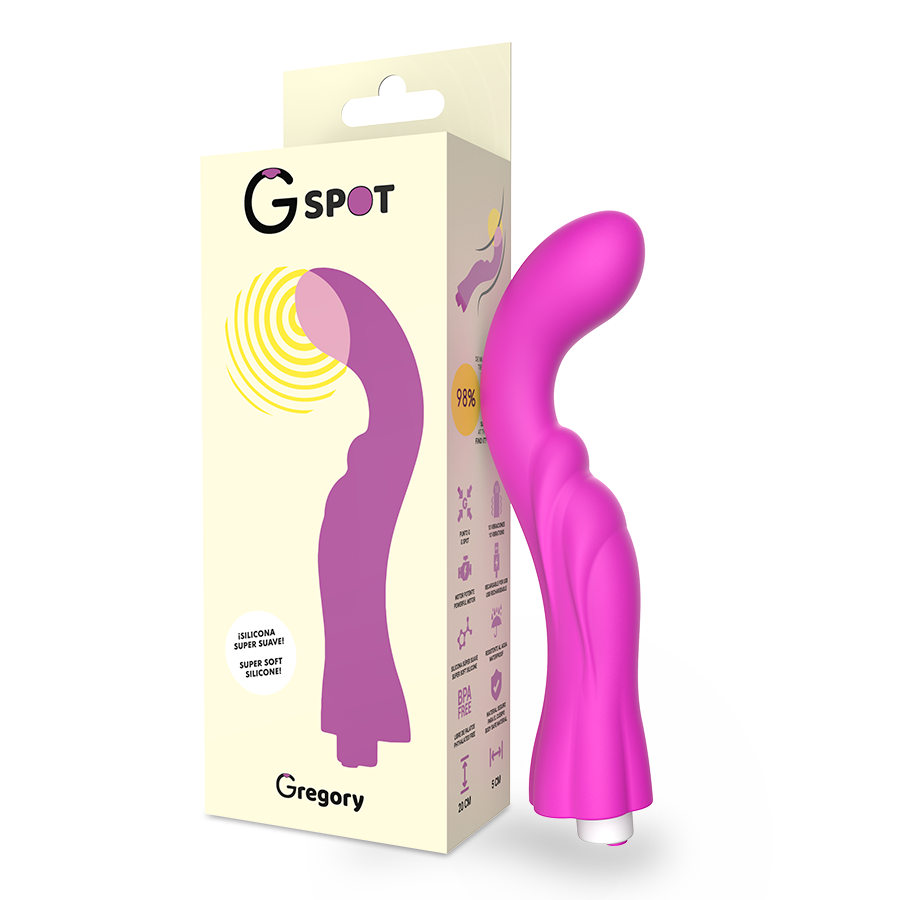 Vibratore G-SPOT Gregory Viola G-SPOT, dispositivo rosa con design ergonomico, pensato per stimolazione intensa e piacere.