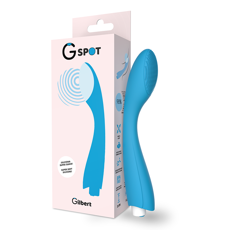 Vibratore G-Spot G-SPOT in giallo blu turchese con forma ergonomica e superficie liscia per stimolazione ginecologica.