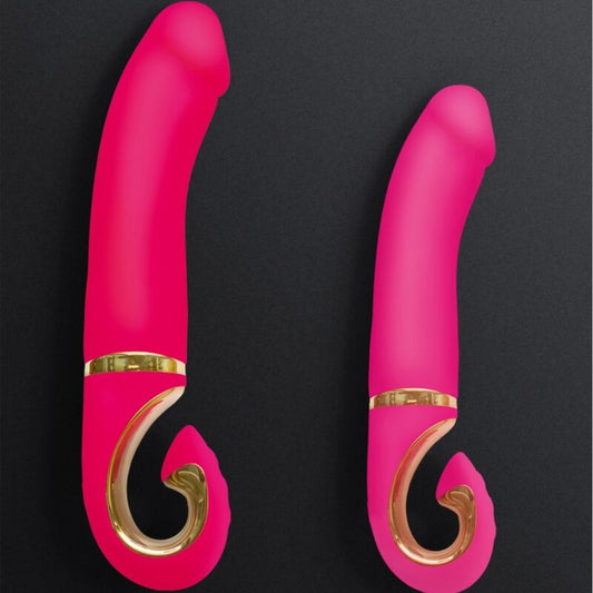 Vibratore rosa neon G-Jay di G-VIBE, design elegante e colorato, visibile con dettagli lucidi e forme ergonomiche.