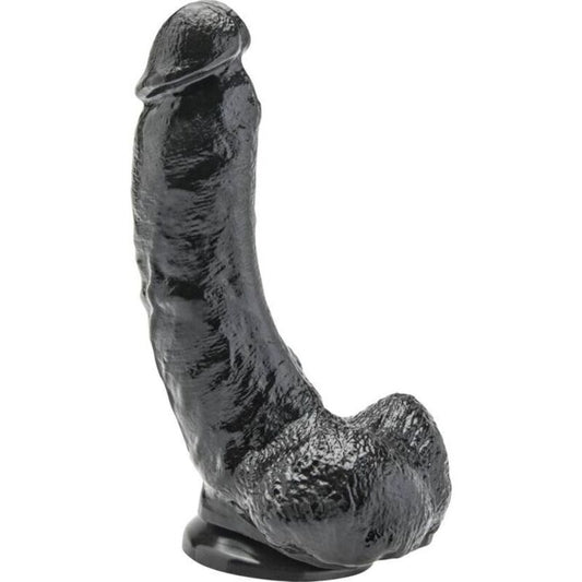 Dildo nero GET REAL di 20,5 cm con sfere, morbido e realistico, visibile in primo piano sulla superficie liscia e dettagliata.