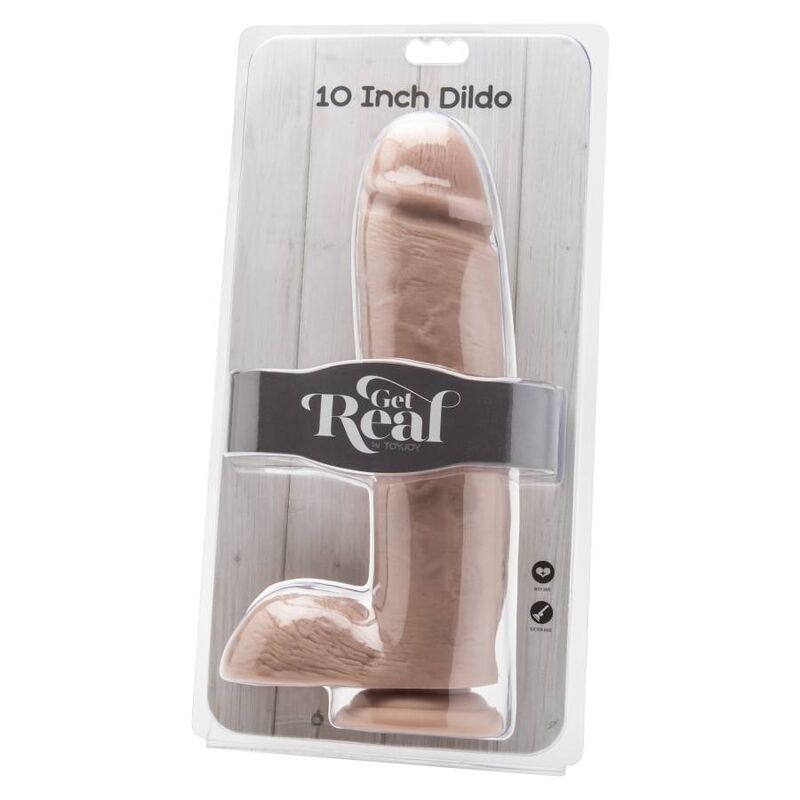 Dildo GET REAL lungo 25,5 cm con palle di pelle, dettagli realistici e texture naturale, per uso erotico e intimo.