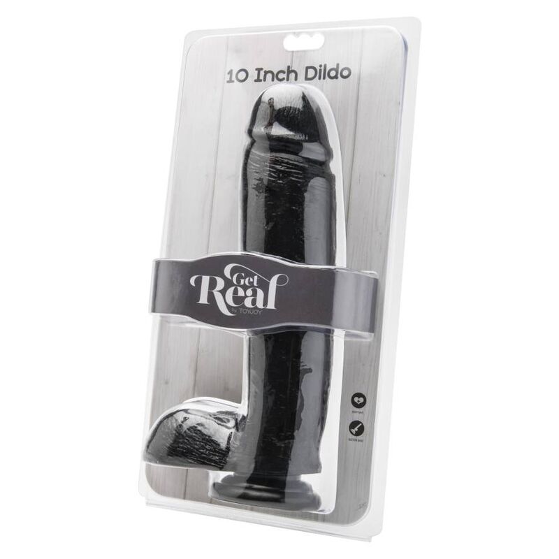 Dildo nero lungo 25,5 cm con sfere, marca GET REAL, mostrato in immagine.