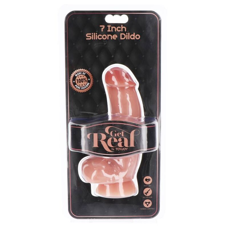 Dildo in silicone GET REAL, 18 cm, con dettagli realistici e palle in pelle, simulazione di sesso femminile.