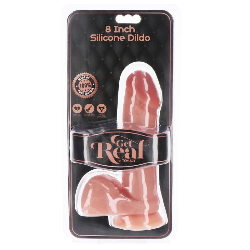 Dildo in silicone GET REAL di 20,5 cm con dettagli a palline in pelle, adatto per uso erotico e stimolazione.