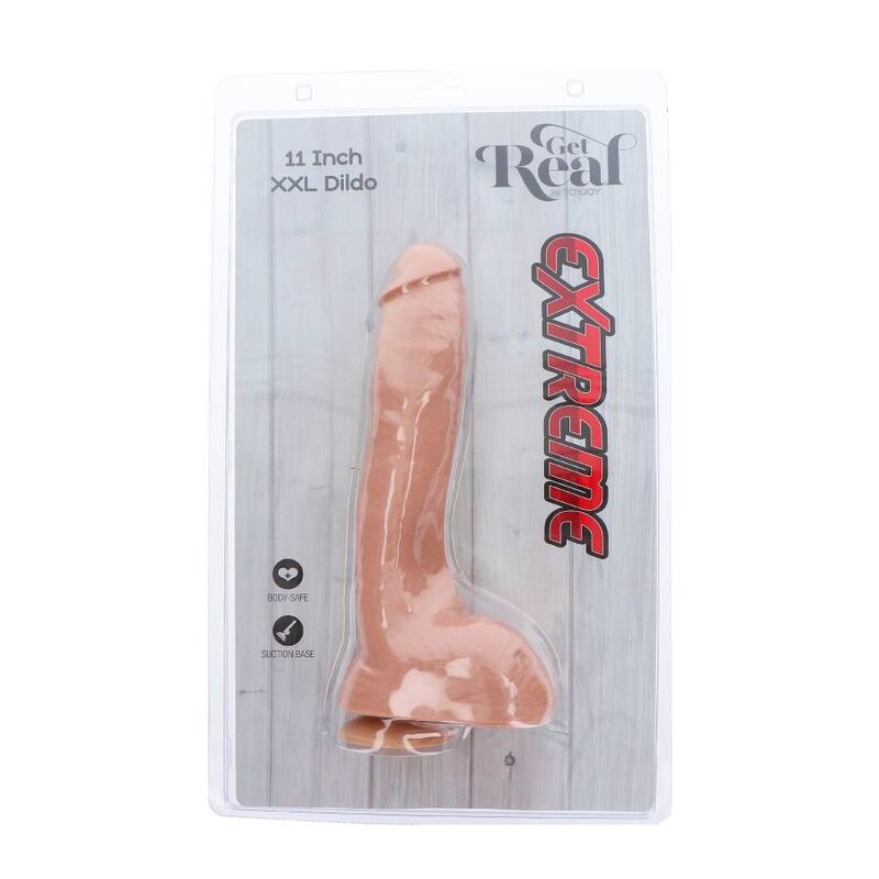 Dildo XXL Estremo GET REAL in pelle, 28 cm di lunghezza, con dettagli realistici, ideale per piacere intenso e stimolazione.