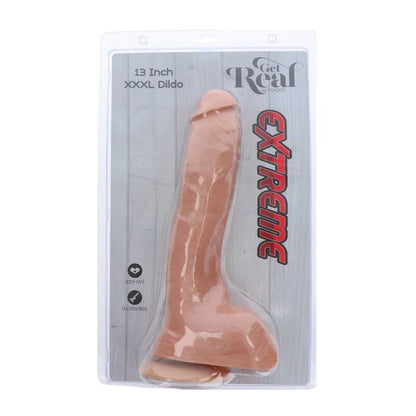 Dildo XXXL GET REAL in pelle, estremo di 34 cm, con dettagli realistici e superficie morbida, ideale per stimolazione intensa.