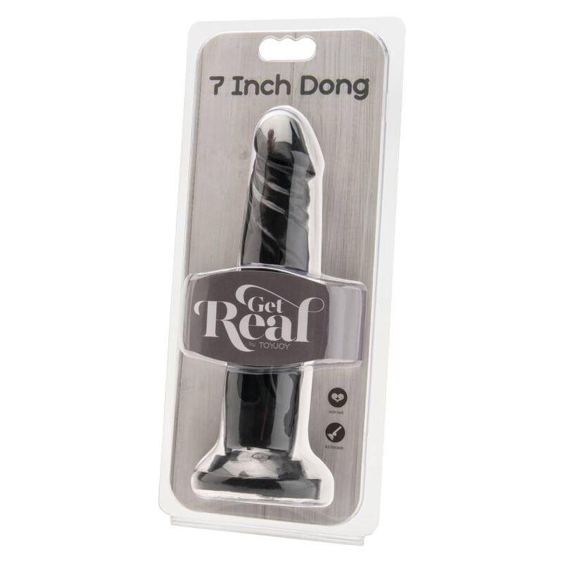 Dildo nero di 18 cm del marchio GET REAL, realistico e dettagliato, visibile in primo piano sull'immagine.