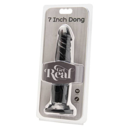 Dildo nero di 18 cm del marchio GET REAL, realistico e dettagliato, visibile in primo piano sull'immagine.