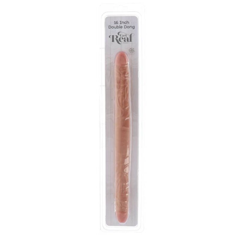 Doppio Dong in pelle da 40 cm del brand GET REAL, superficie liscia e dettagli realistici, ideale per uso personale.