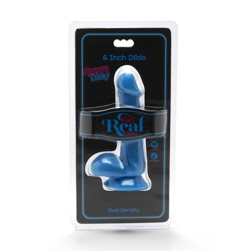 Dildo GET REAL Happy Dicks di 12 cm con sfere blu, realistico e morbido, ideale per piacere e stimolazione.
