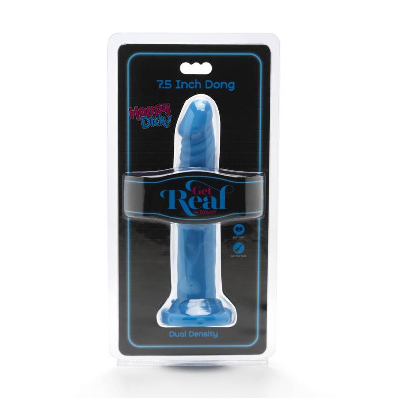 Dildo blu GET REAL Happy Dicks da 19 cm, realistica forma e dettagli, morbido e resistente, per piacere e stimolazione.