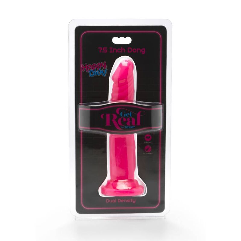 Dildo rosa GET REAL Happy Dicks Dong di 19 cm, dettagli realistici e morbidi, pronto per l'uso.