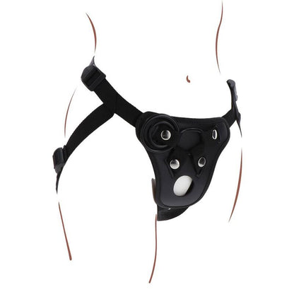 Imbracatura da piacere GET REAL con cinturino nero, dettagli in pelle e design ergonomico, ideale per esperienze intime.