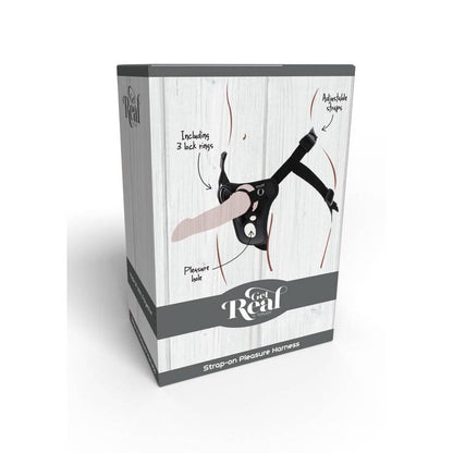 Imbracatura da piacere GET REAL con cinturino nero, dettagli in pelle e design confortevole per uso intimo e discreto.