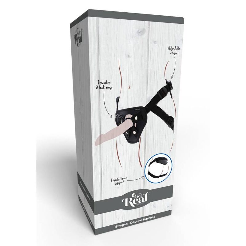 Imbracatura deluxe con cinturino nero di GET REAL, resistente e comoda, visibile in primo piano con dettagli in tessuto nero.